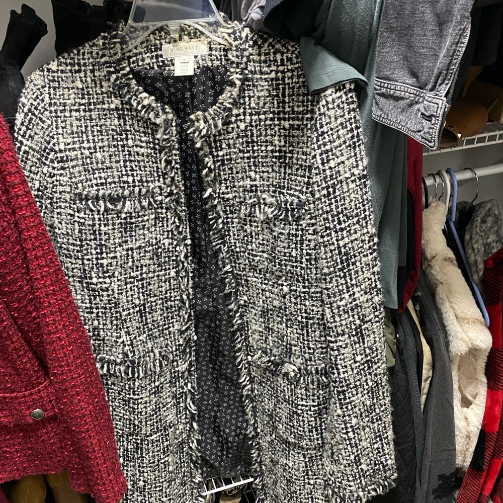 Nine West Black and White Tweed Fringe Collarless Blazer